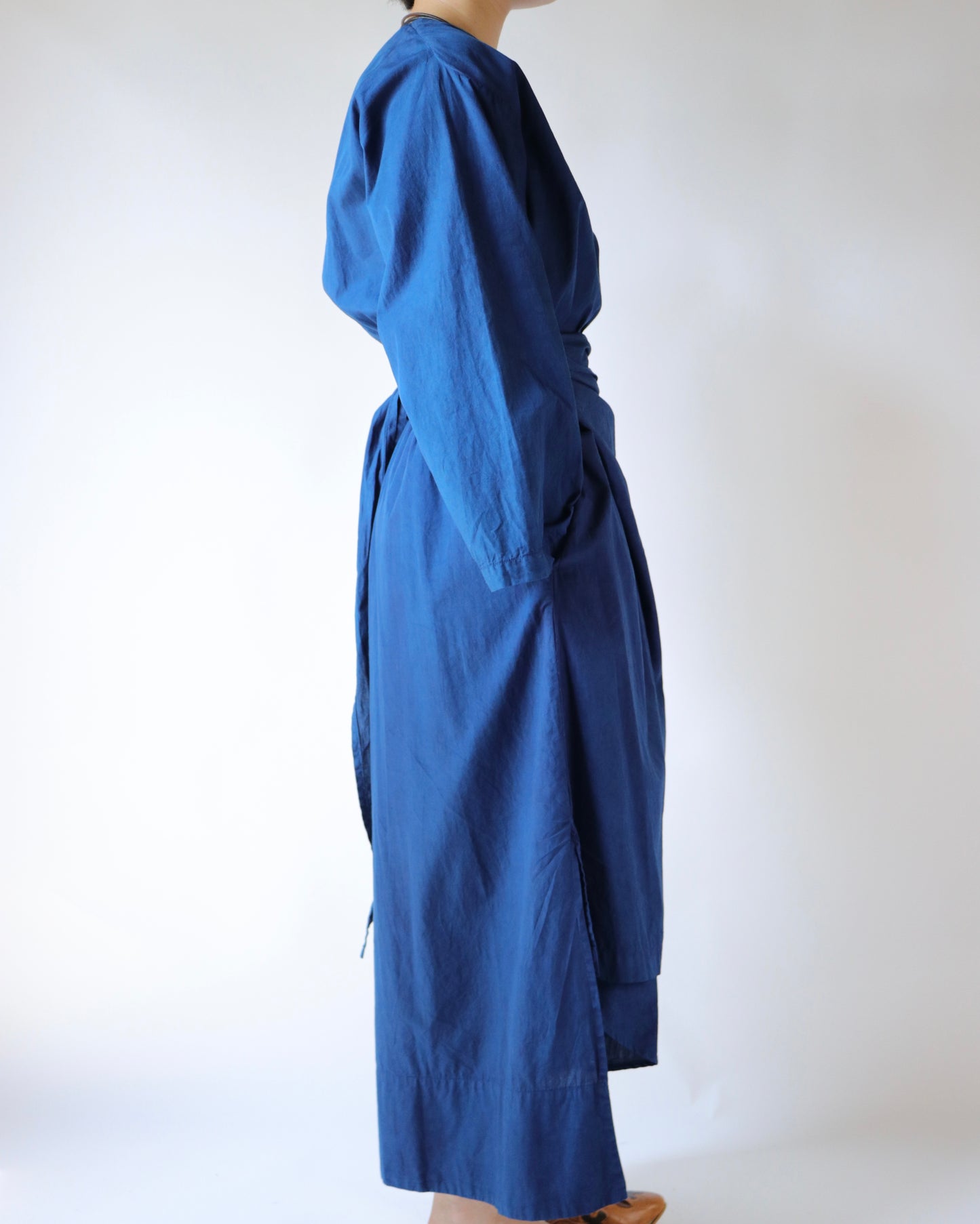 Organic cotton broad daily wrapped dress / Ryukyu indigo