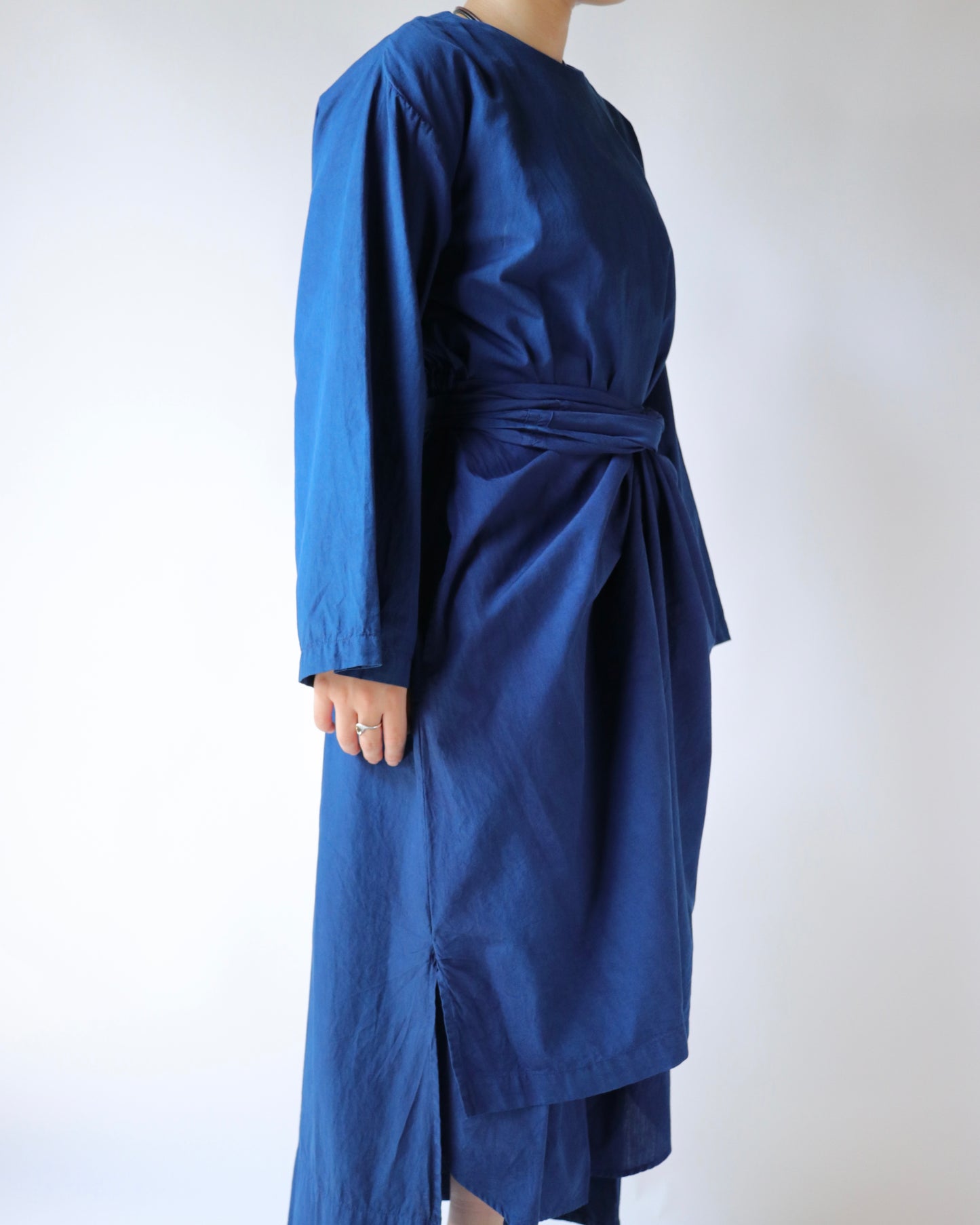 Organic cotton broad daily wrapped dress / Ryukyu indigo