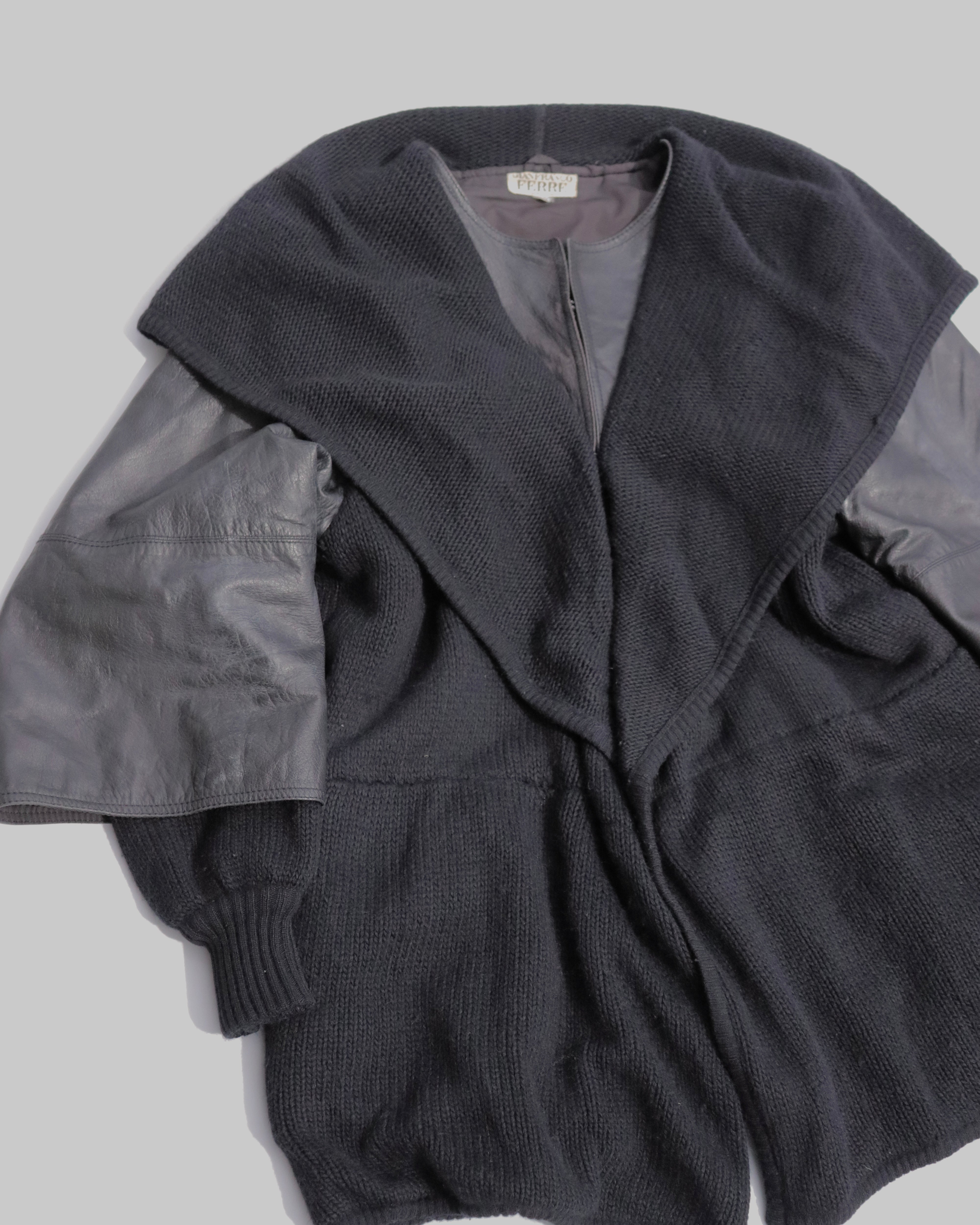 GIANFRANCO FERRE leather layered sleeve hooded knit jacket