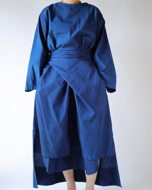 Organic cotton broad daily wrapped dress / Ryukyu indigo