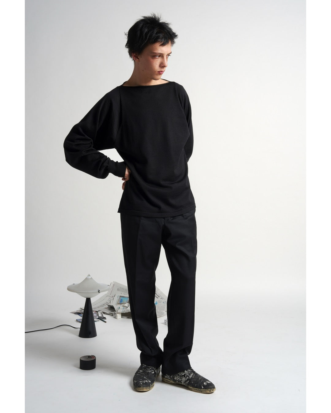 E RT / Boat-neck batwing merino blouse / Black